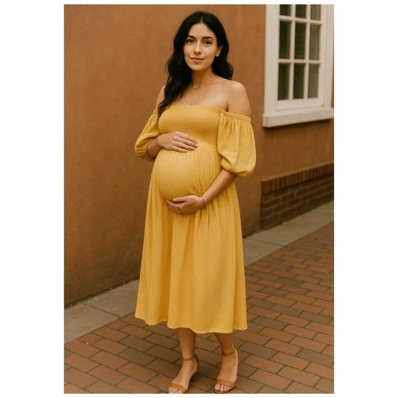 Hatch Elia Yellow Puff Sleeve Smocked Maternity Midi Dress Size L NWT - Picture 3 of 14